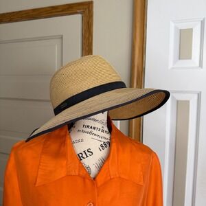 Sun N Sand Tan Straw Sun Hat UPF 50+ Black Ribbon Trim Adjustable Strap
